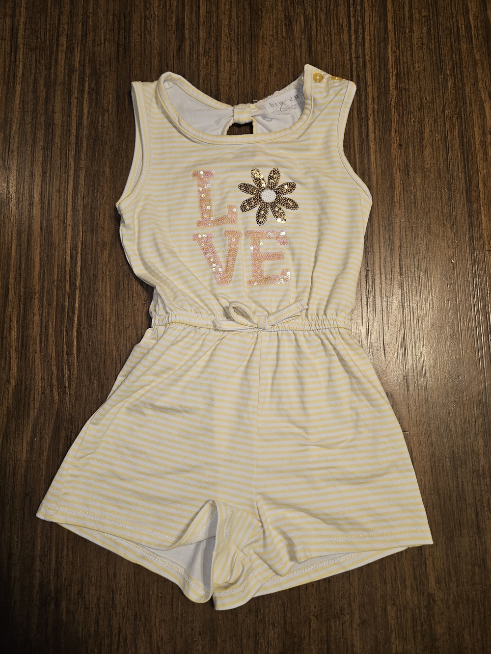 btween Yellow & White Striped Sequin LOVE Romper with Flower